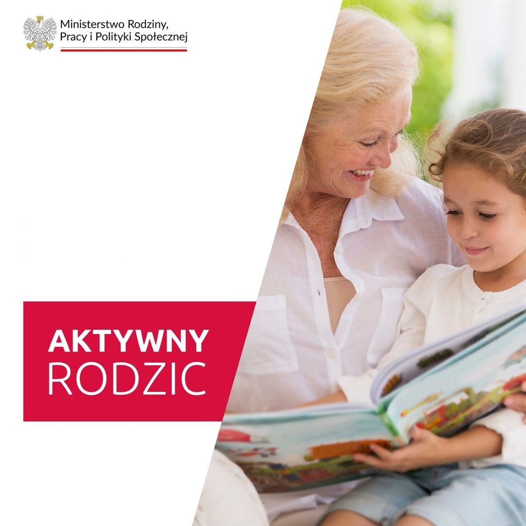 Na zdjęciu napis Aktywny Rodzic wraz z wizerunkiem babci zajmującej się wnuczką.