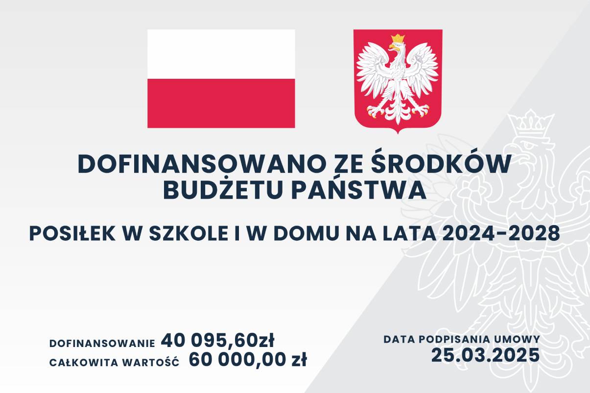 Plakat na dofinansowanie Programu Posiłek w Szkole i w domu. Kwoty dofinansowania 40095,60zł.