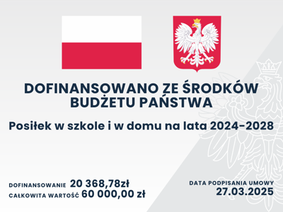 Plakat na dofinansowanie Programu Posiłek w Szkole i w domu. Kwota dofinansowania 20368,78 złoty.