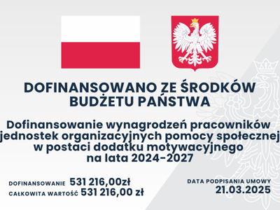 Dofinansowanie wynagrodzeń pracowników jednostek organizacyjnych pomocy społecznej w postaci dodatku motywacyjnego. Kwota dofinansowania 531216,00zł.