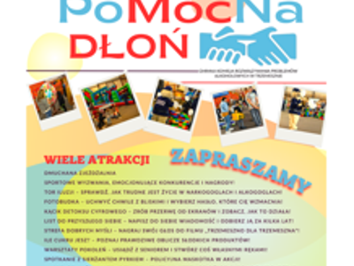 Plakat Pikniku Rodzinnego Pomocna Dłoń, który odbędzie się 12 kwietnia 2025r. godz. 15 Hala OSiR Trzemeszno.