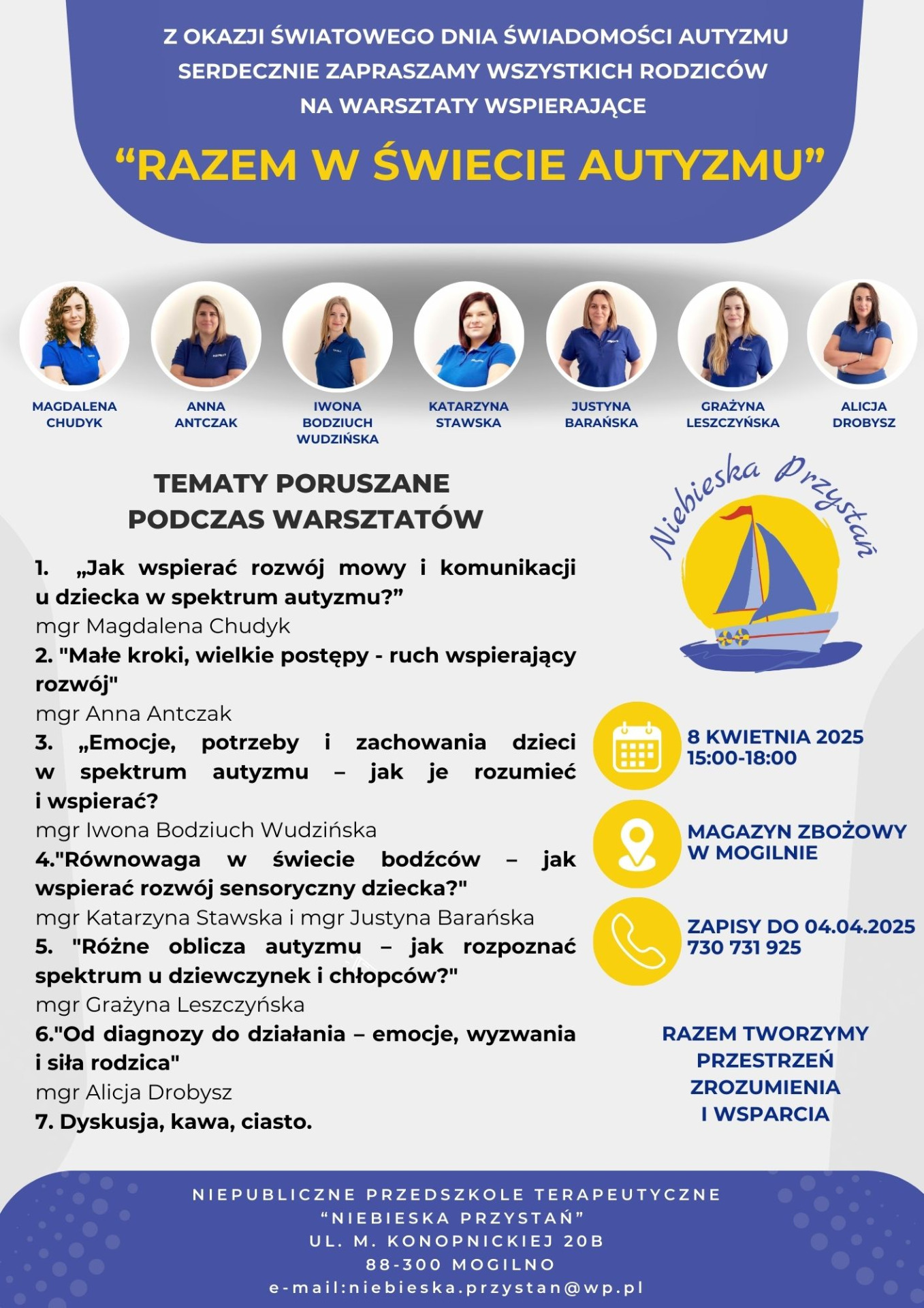 Plakat dotyczący warsztatów wspierajacych dotyczących świadomości autyzmu.