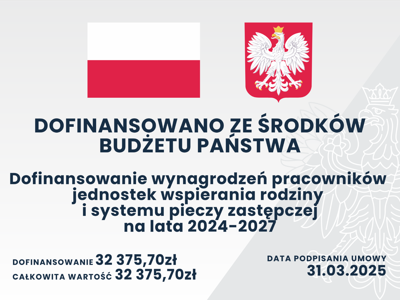 Plakat Rządowego programu Dofinansowanie wynagrodzeń pracowników jednostek wspierania rodziny i systemu pieczy zastępczej.