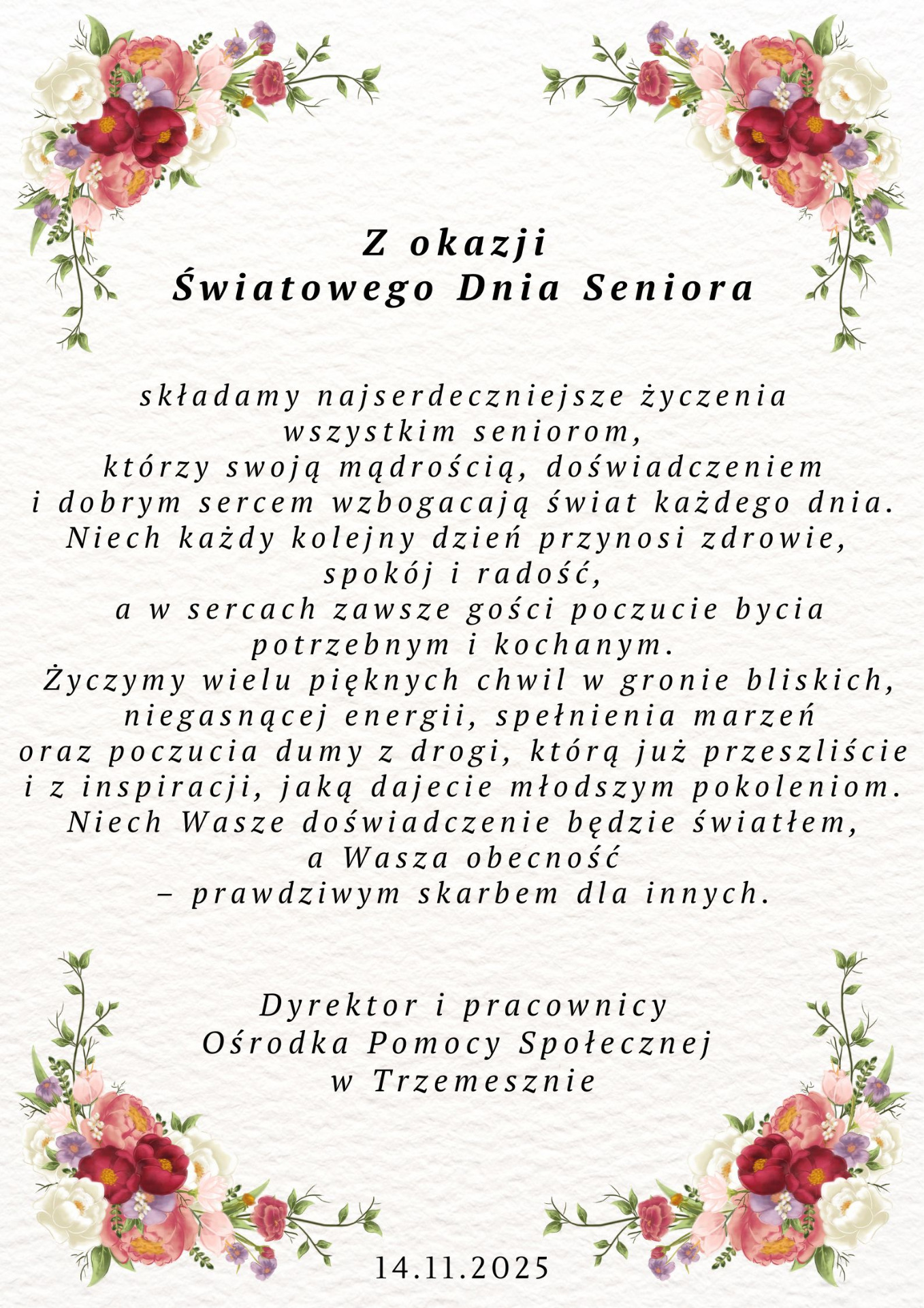 Życzenia z okazji Światowego Dnia Seniora