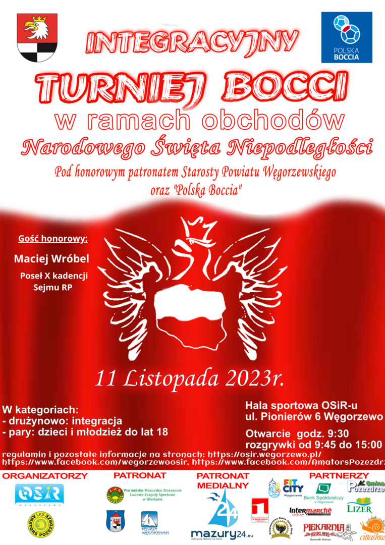 Plakat Integracyjnego Turnieju Bocci w ramach obchodów Narodowego Święta Niepodległości