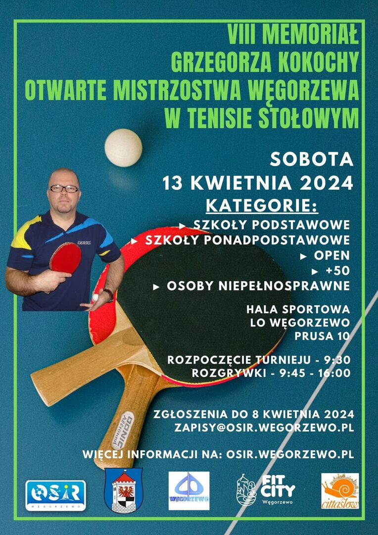 Plakat Otwartych Mistrzostw Węgorzewa w Tenisie Stołowym 2024