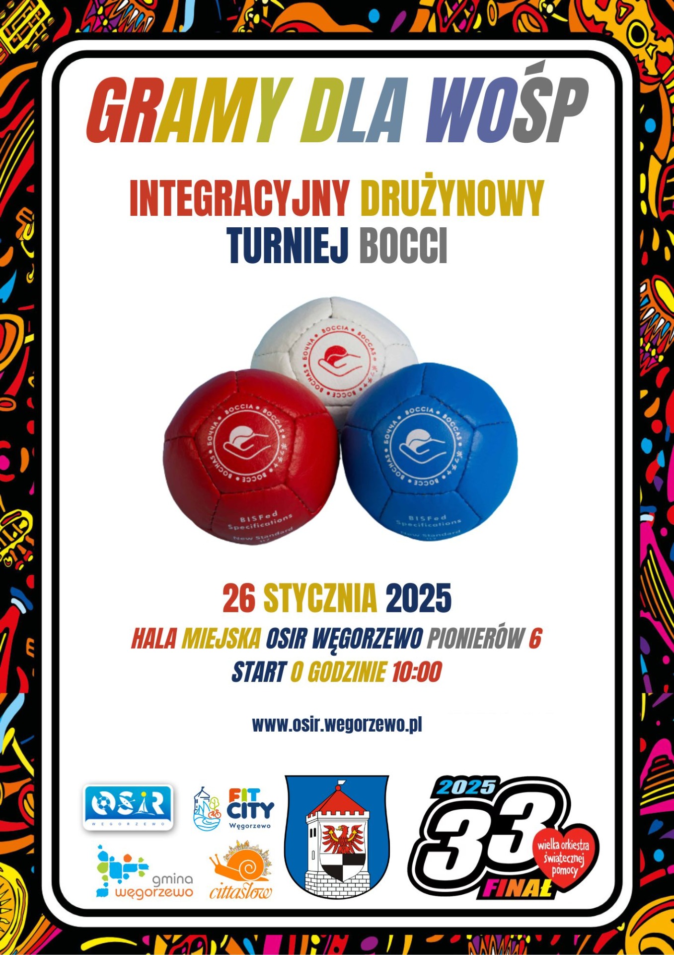 Plakat turnieju bocci wspierający WOŚP 2025