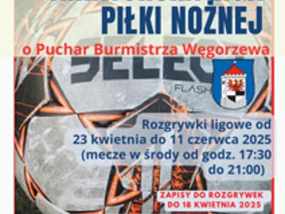 Plakat informujący o lidze piłki nożnej w Węgorzewie