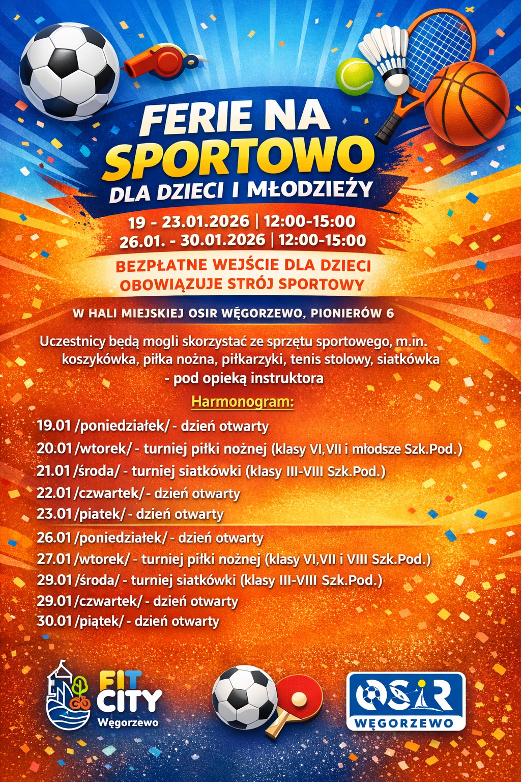 Plakat feriez zimowe OSiR Węgorzewo