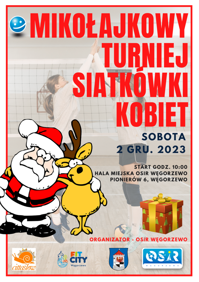 Plakat Mikołajkowy Turniej Piłki Siatkowej Kobiet 2-12-2023