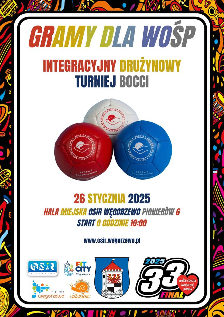 Plakat turnieju bocci wspierający WOŚP 2025