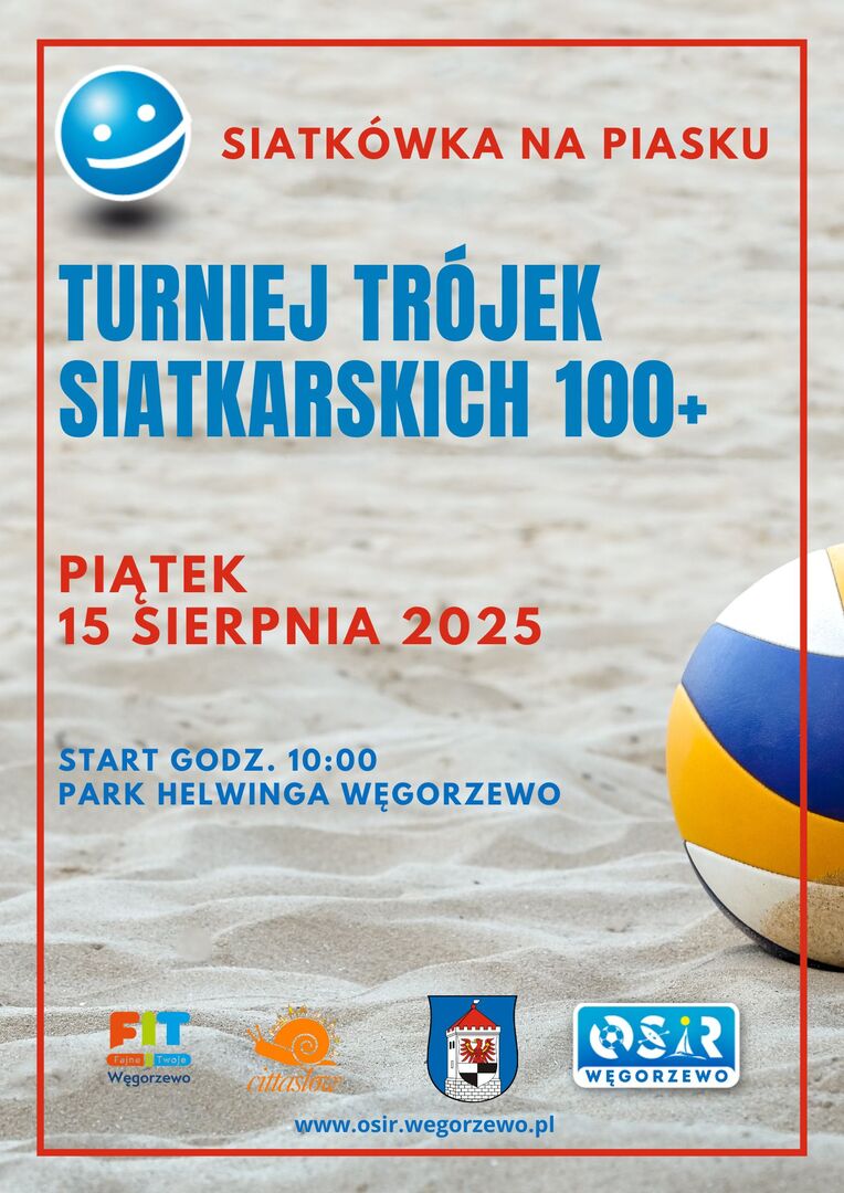 Plakat turnieju trójek siatkarskich 100+ 15 sierpnia 2025