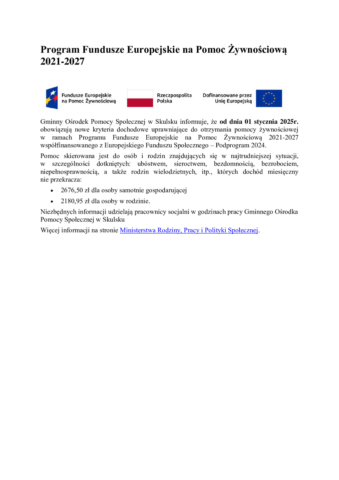 Program Fundusze Europejskie na Pomoc Żywnościową 2021-2027