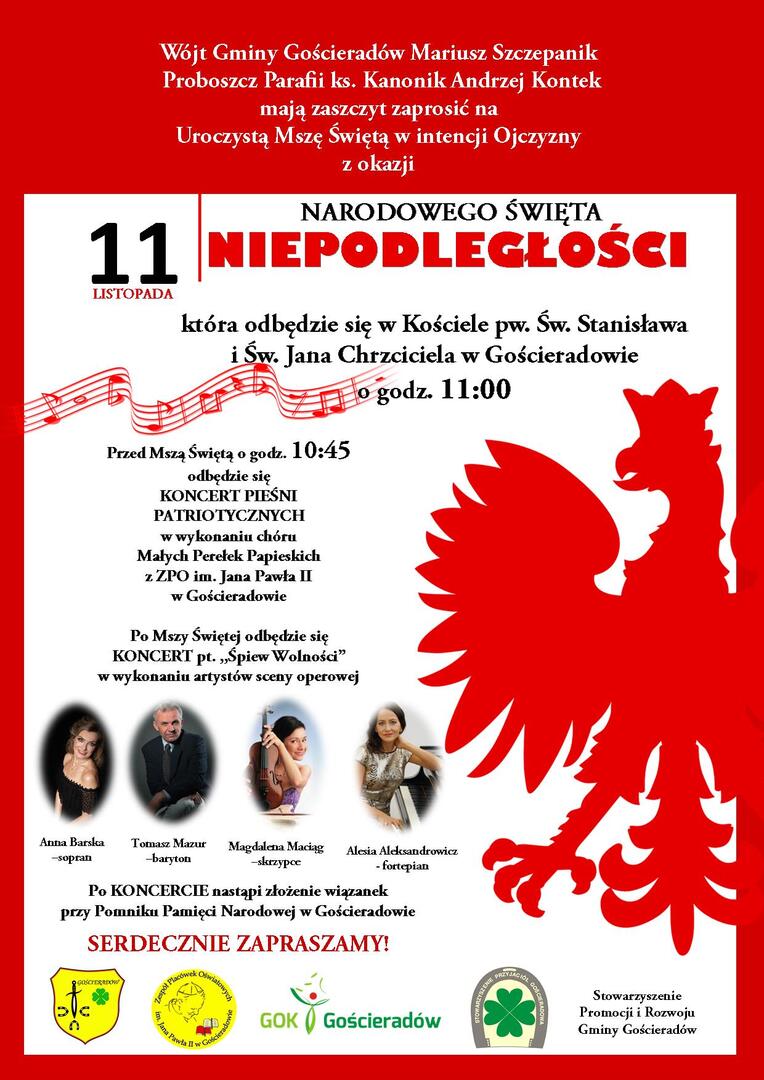 na zdjęciu kontury godła polskiego, wizerunki artystów sceny operowej