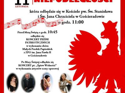 na zdjęciu kontury godła polskiego, wizerunki artystów sceny operowej
