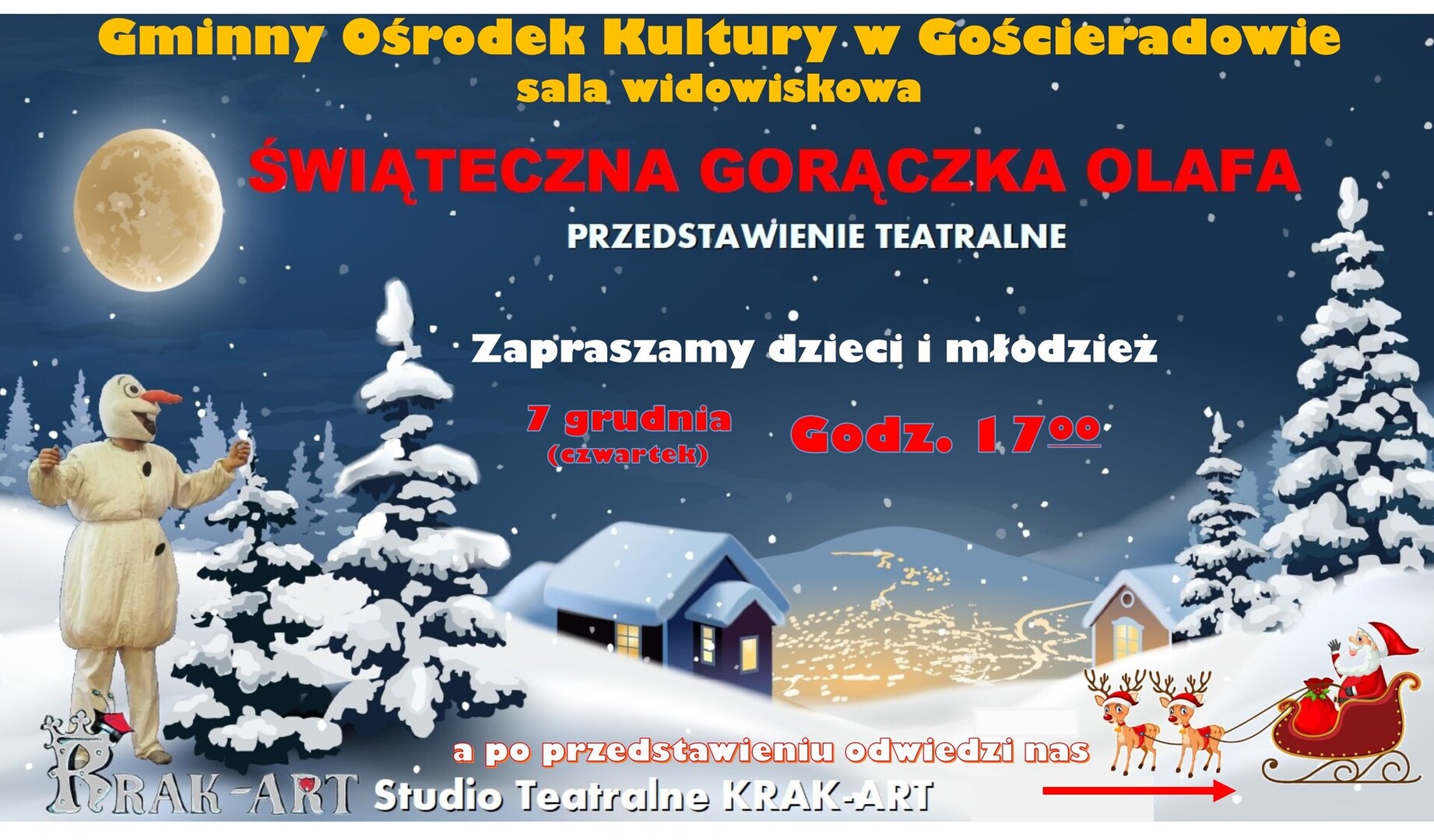 Na zdjęciu w śnieżnej nocnej aurze dom i Mikołaj w saniach