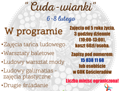 na zdjęciu motywy ludowe i zaproszenie na zajęcia Ferie na ludowo - cuda-wianki
