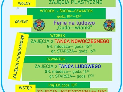 na zdjęciu program drugiego tygodnia ferii zimowych