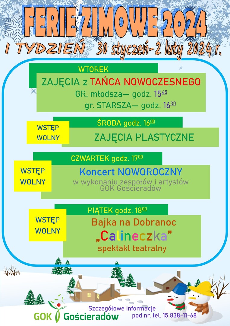 na zdjęciu program pierwszego tygodnia ferii zimowych