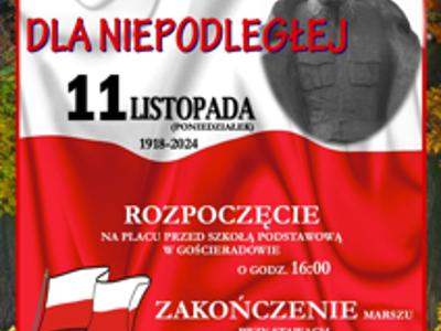 na plakacie w kolorach powiewającej flagi biało-czerwonej z postacią Józefa Piłsudskiego tekst zaproszenia na Marsz