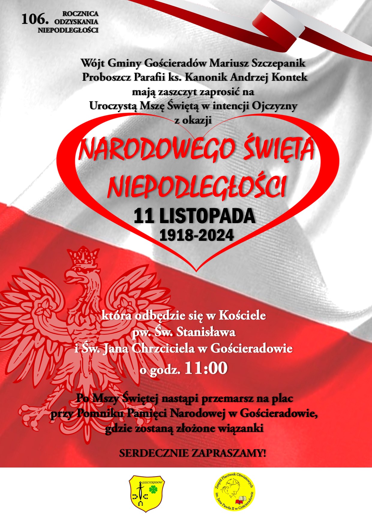 na plakacie w kolorach powiewającej flagi biało-czerwonej tekst zaproszenia na obchody 