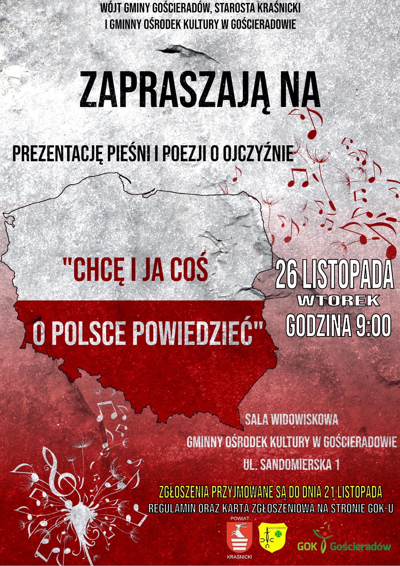 na plakacie obrys Polski z nutami 