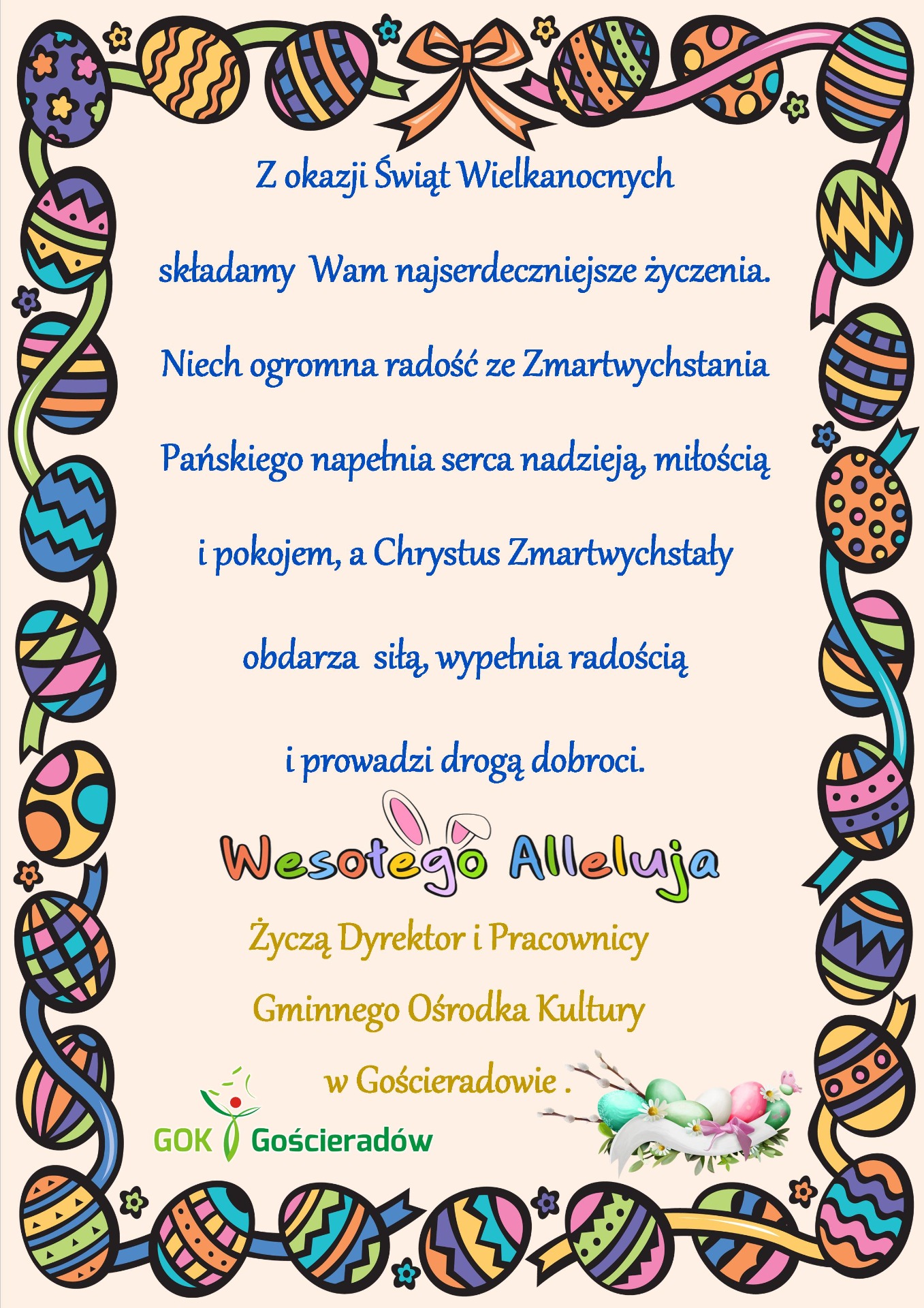 na zdjęciu w ramce z pisankami znajdują się życzenia