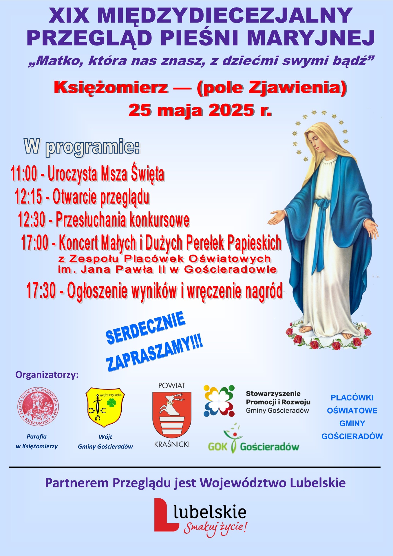 na plakacie informacje o przeglądzie, a na pierwszym planie postać Maryi