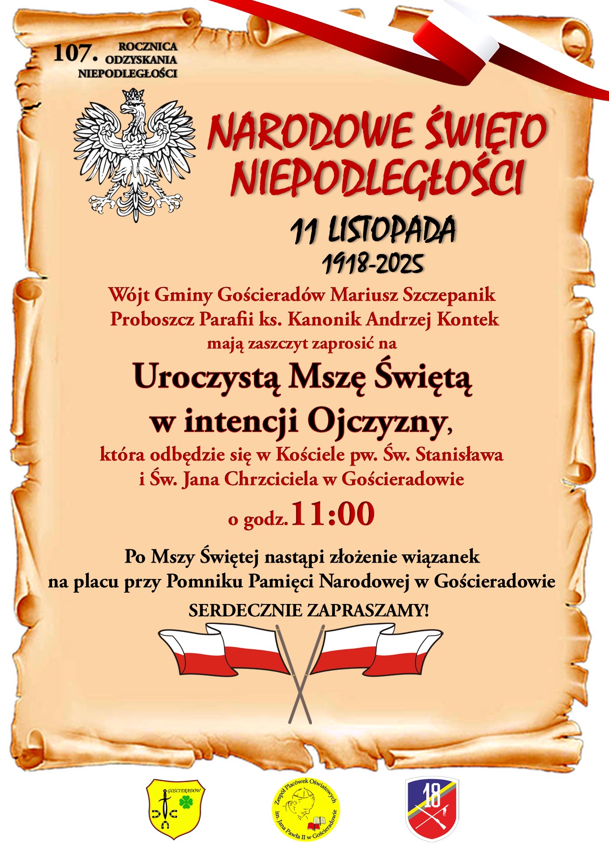 Plakat zapraszający do uczczenia 107. Rocznicy Odzyskania przez Polskę Niepodległości