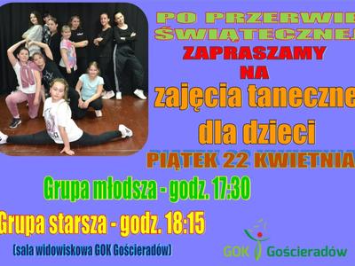 Na zdjęciu grupa dzieci uczestniczących w zajęciach tanecznych wraz z instruktorkami oraz logotyp organizatora