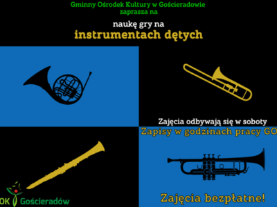 na pierwszym planie instrumenty dęte: waltornia, puzon, klarnet i trąbka