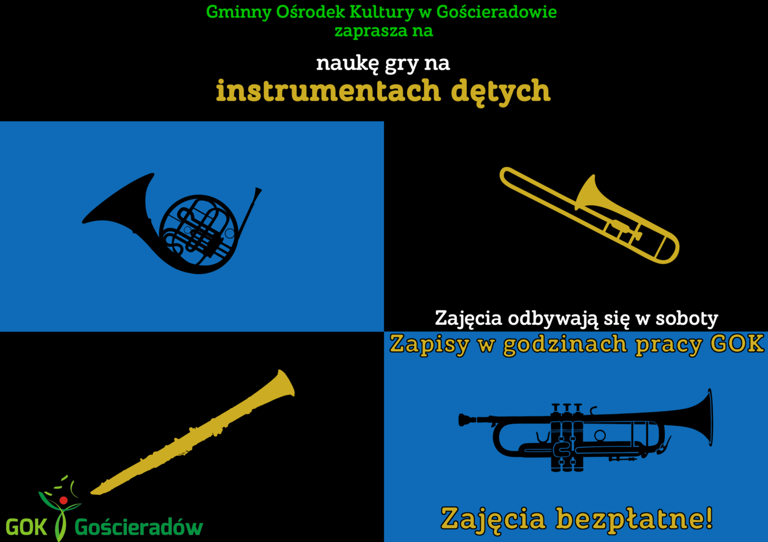 na pierwszym planie instrumenty dęte: waltornia, puzon, klarnet i trąbka