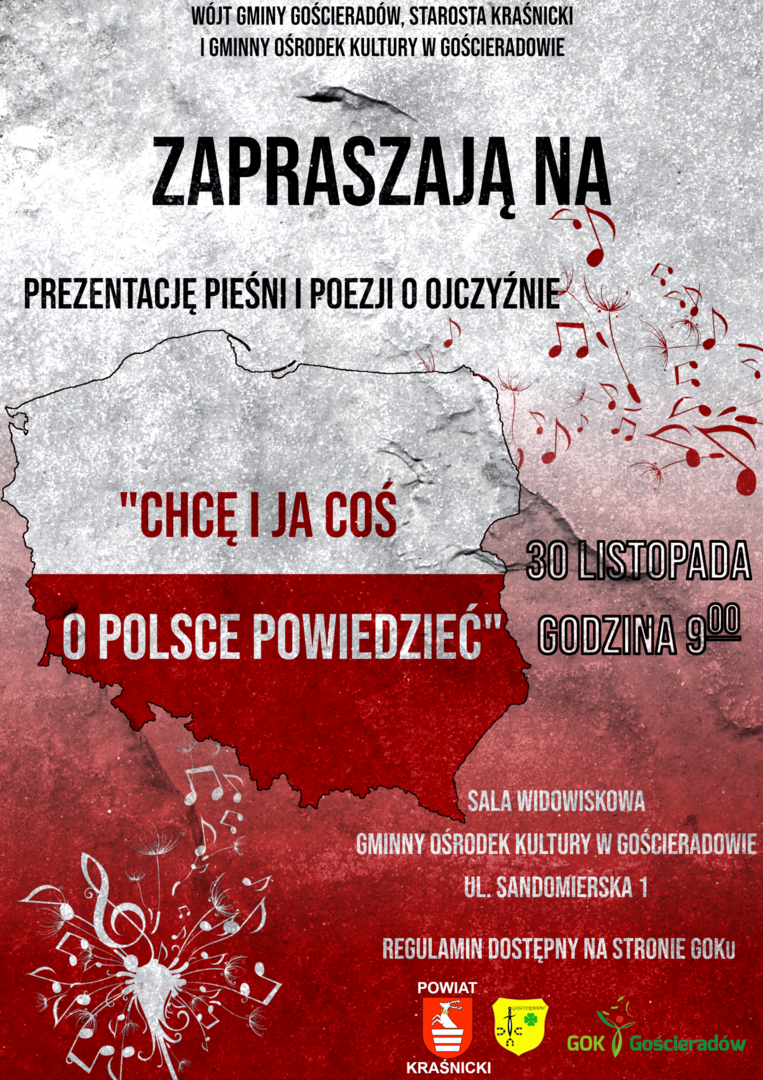 na tle biało-czerwonym obrys mapy Polski