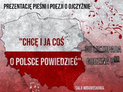 na tle biało-czerwonym obrys mapy Polski