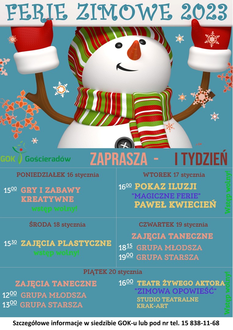 Na niebieskim tle bałwan zapraszający na ferie w pierwszym tygodniu