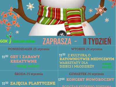 Na niebieskim tle bałwan zapraszający na ferie w drugim tygodniu