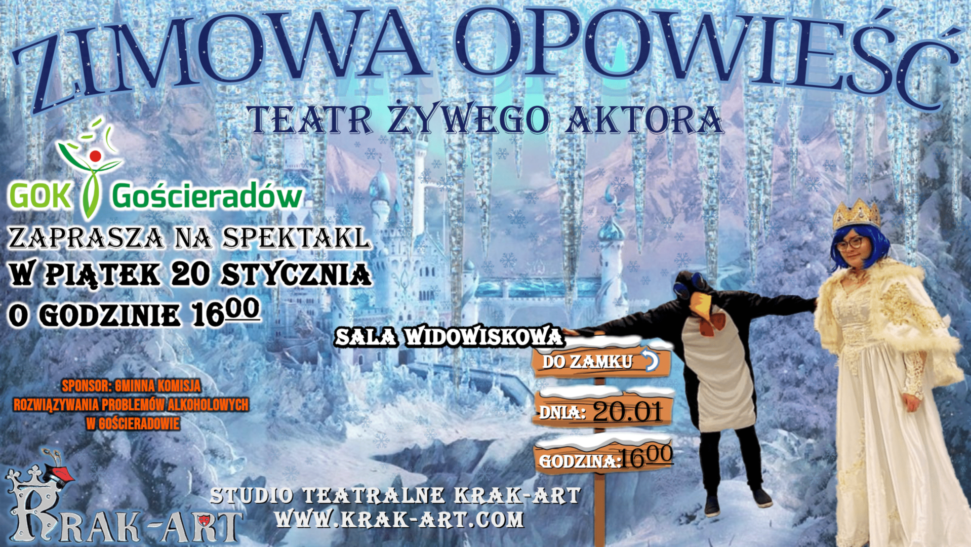 na pierwszym planie księżniczka z pingwinem na tle lodowego zamku