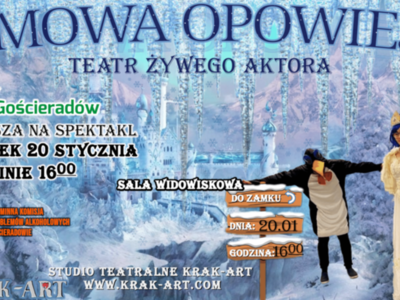 na pierwszym planie księżniczka z pingwinem na tle lodowego zamku
