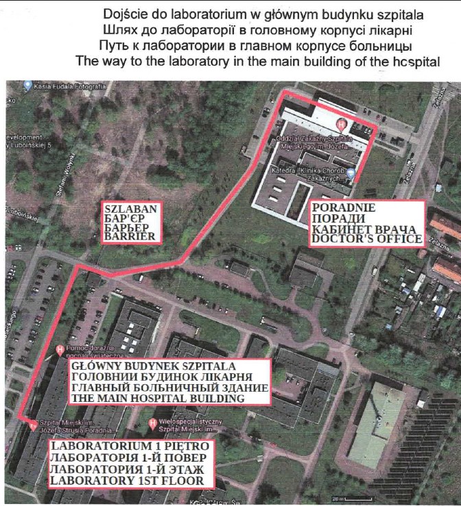 mapka z wyrysowaną drogą dojścia do poradni