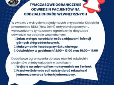 Plakat przedstawiający informacje o tymczasowym ograniczeniu odwiedzin pacjentów szpitala