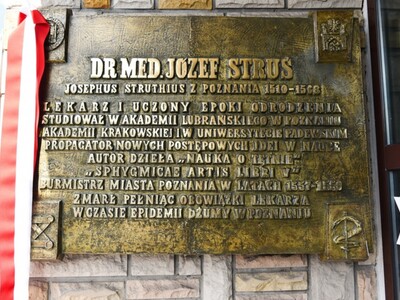 Tablica upamiętniająca patrona szpitala doktora medycyny Józefa Strusia 