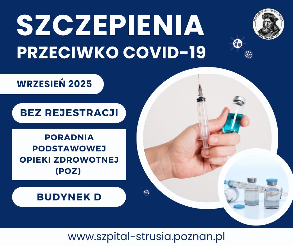 grafika przedstawiająca podstawowe informacje dotyczące szczepień przeciw COVID-19. POZ, bez rejestracji, budynek D szpitala