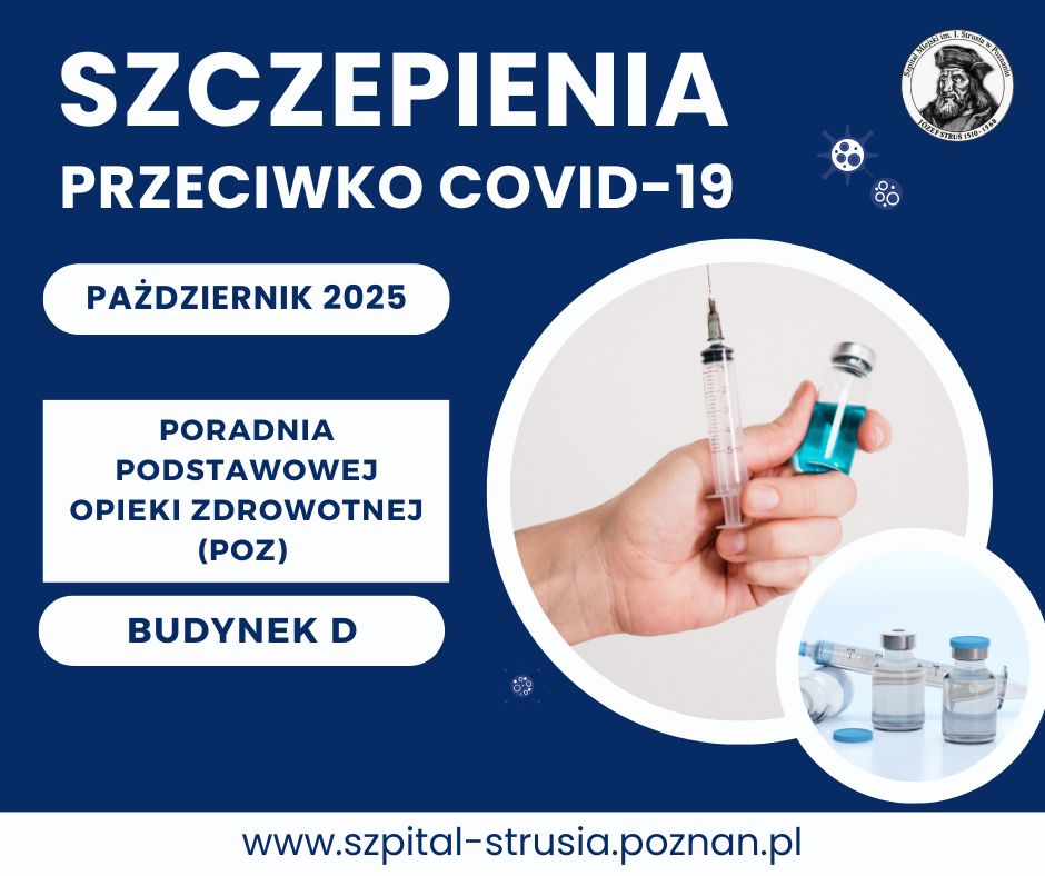 grafika przedsatwiająca podstawowe informacje: Szczepienie przeciwko COVID-19, październik 2025, miejsce szczepień POZ, budynek D