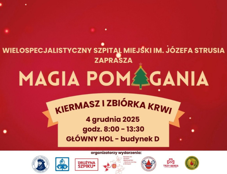 Magia Pomagania. 4 grudnia godzina 8:00 - 13:30. Kiermasz świąteczny, krwiobus. Plakat zapowiadający wydarzenie