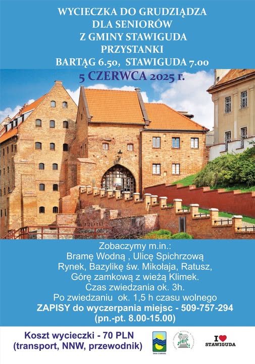 Plakat na zapisy na wycieczkę do Grudziądza dla seniorów