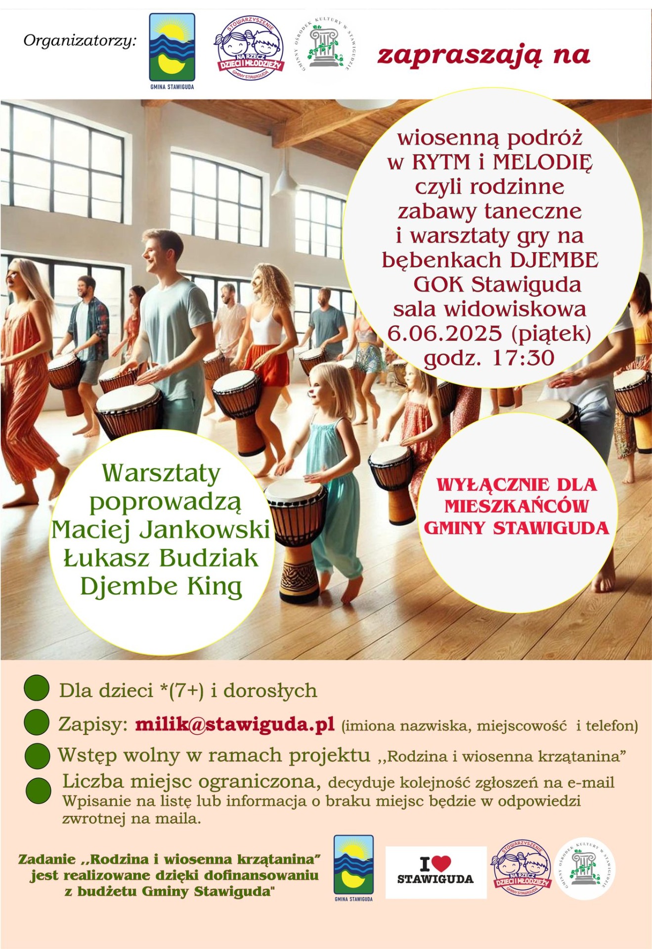 Plakat na zapisy dla mieszkańców gminy Stawiguda, warsztaty taneczno-muzyczne