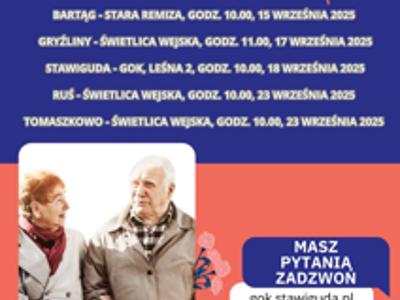 Plakat promujący pierwsze zajęcia organizacyjne dla Seniorów w gminie Stawiguda