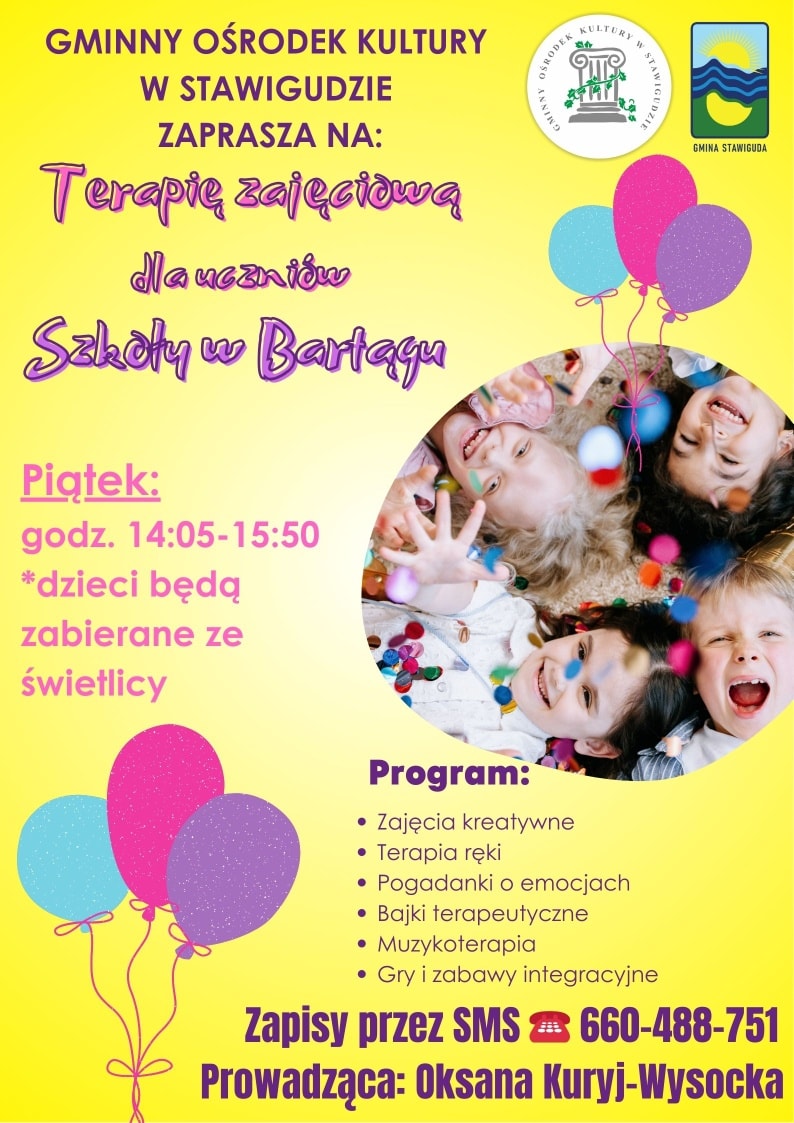 Plakat promujący zajęcia terapii zajęciowej w szkole podstawowej z Bartągu