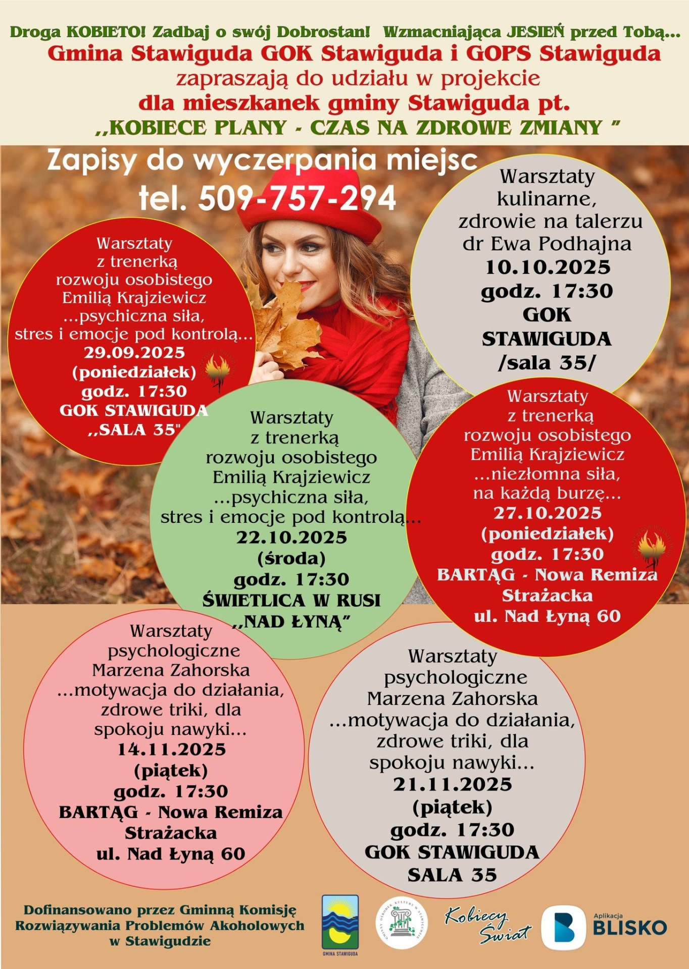 Plakat promujący warsztaty dla mieszkańców z gminy Stawiguda. Kobiece plany czas na zdrowe zmiany