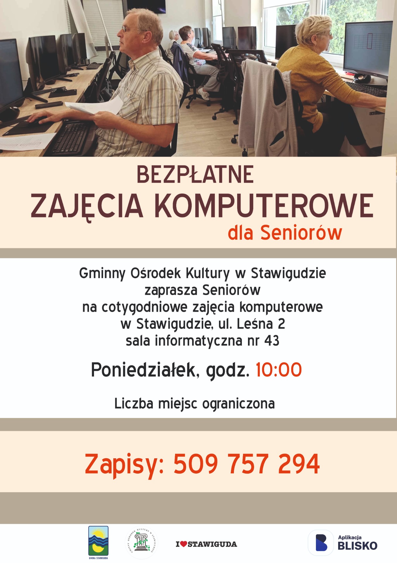 Plakat zapraszający seniorów na bezpłatne zajęcia komputerowe w Gminnym Ośrodku Kultury w Stawigudzie